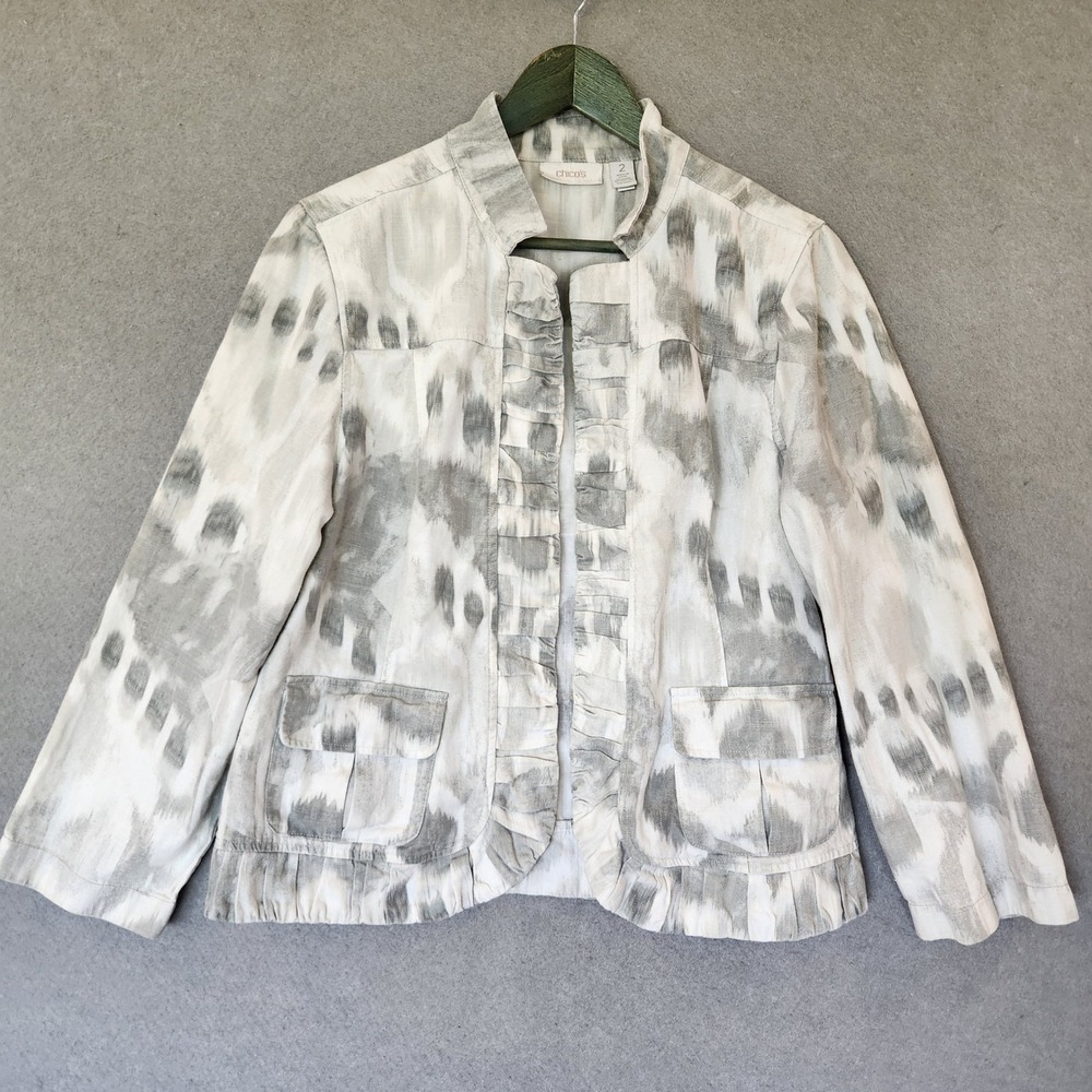 Chico's Gray White Open Front Blazer L Womens 2 Ruffled Trim‎ ¾ Sleeve
